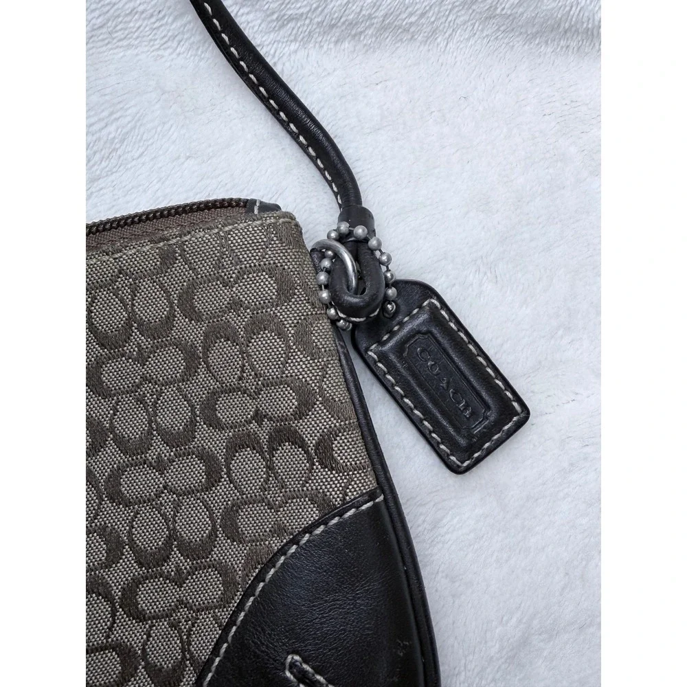 Coach Women Signature Monogram Wristlet Small Brown Black Leather Trim Pouch Bag